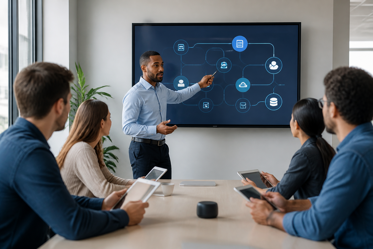 Atelier de formation digitale avec usage de tablettes et écran dans un bureau moderne