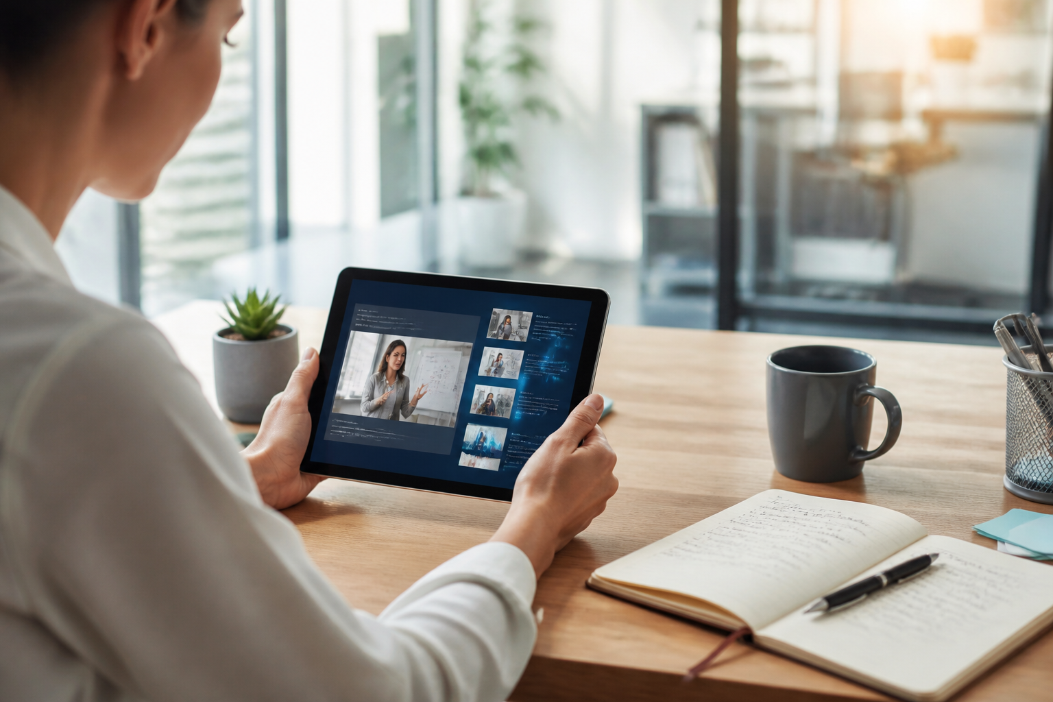 Utilisateur consultant une formation professionnelle sur tablette numérique