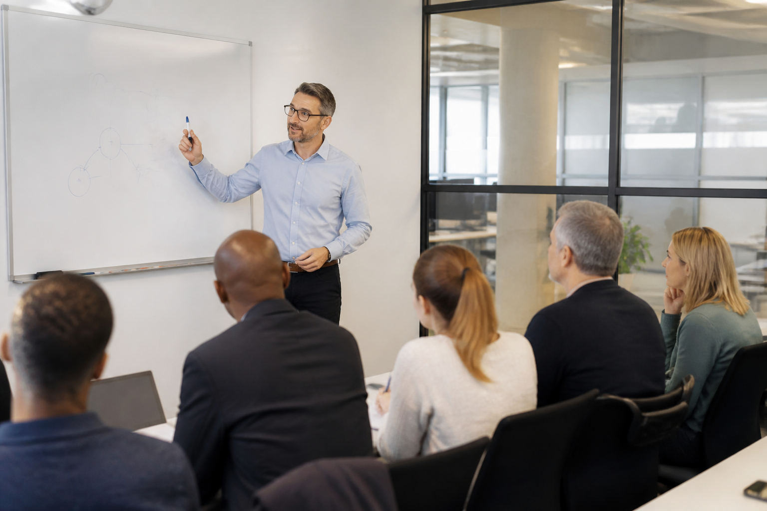 Session de formation continue avec formateur en salle professionnelle