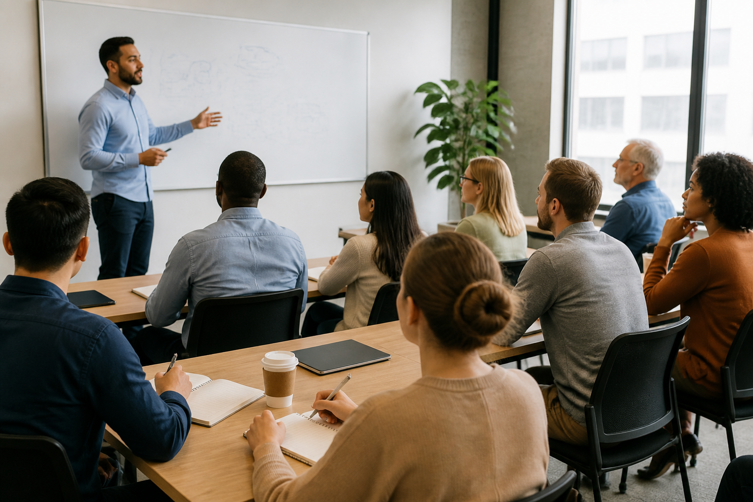 Atelier de formation professionnelle avec stagiaires et formateur en session interactive