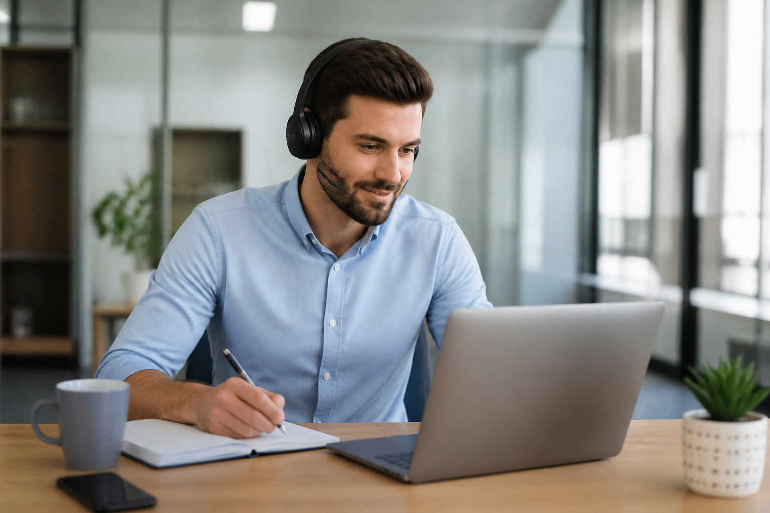 Salarié en formation informatique à distance avec ordinateur portable