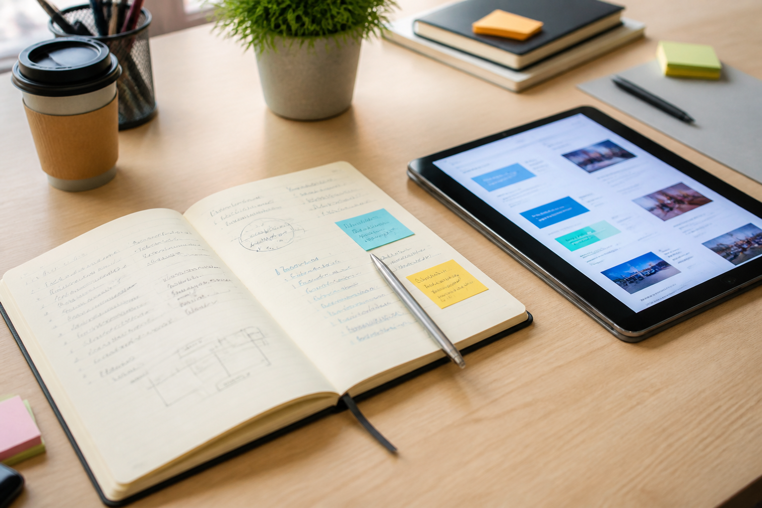Carnet et tablette sur un bureau illustrant la préparation d'un projet de formation