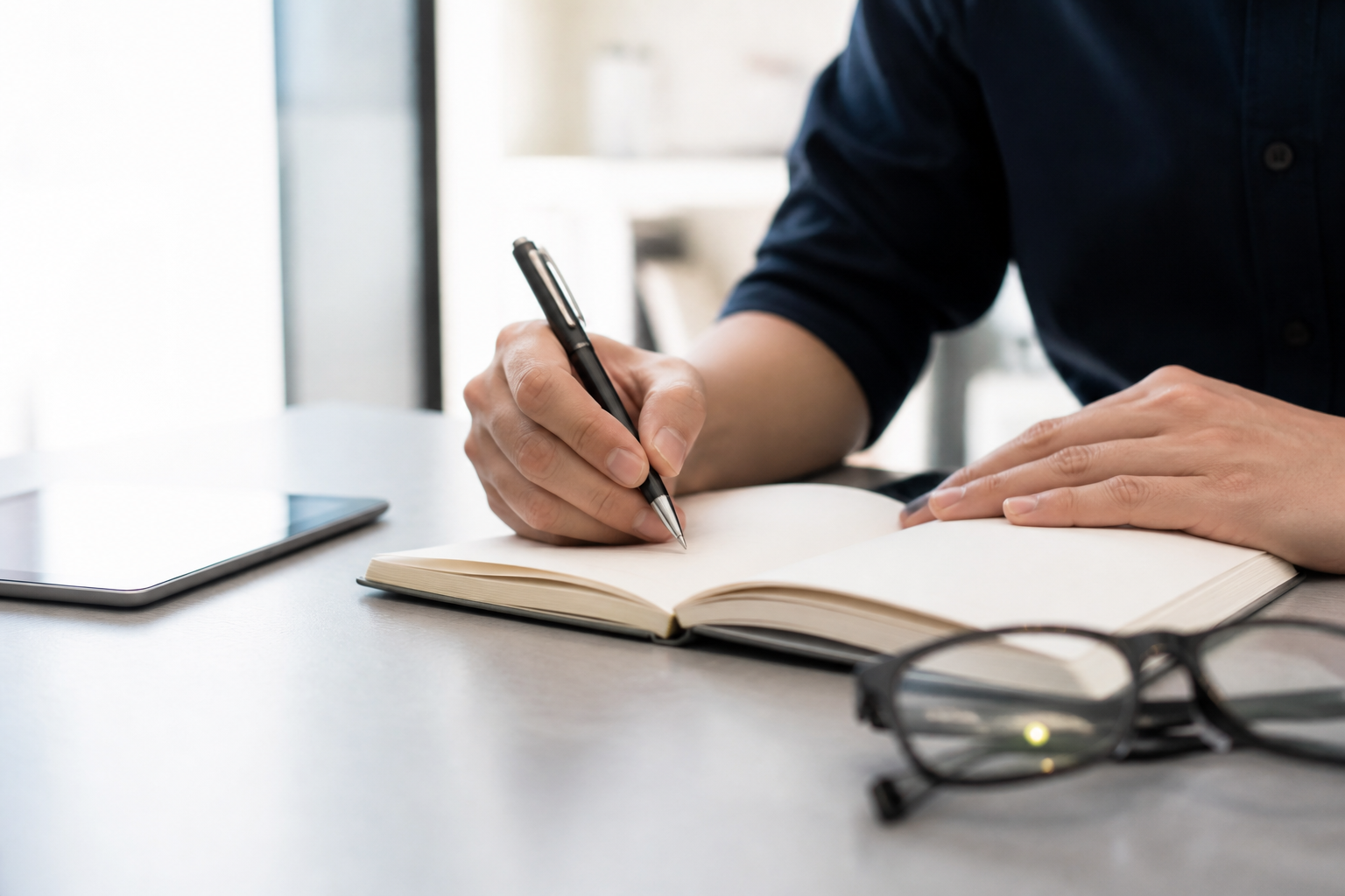 Détail de l’écriture dans un carnet avec tablette et lunettes sur bureau