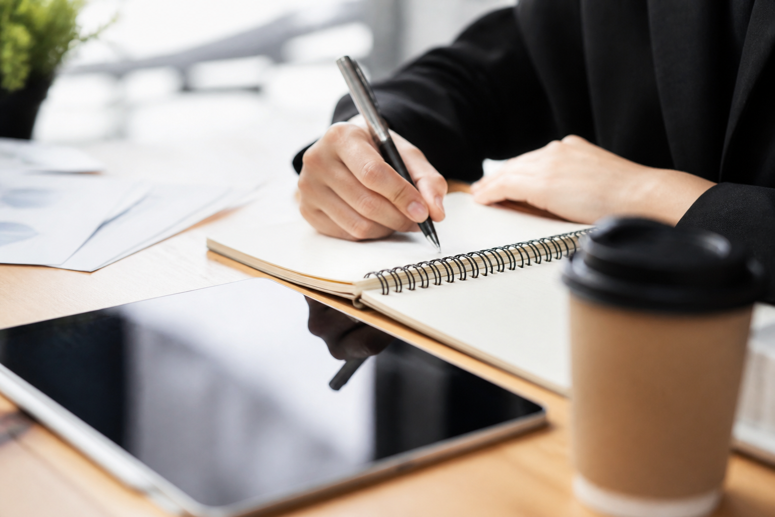 Prise de notes lors d'une formation professionnelle avec tablette et carnet