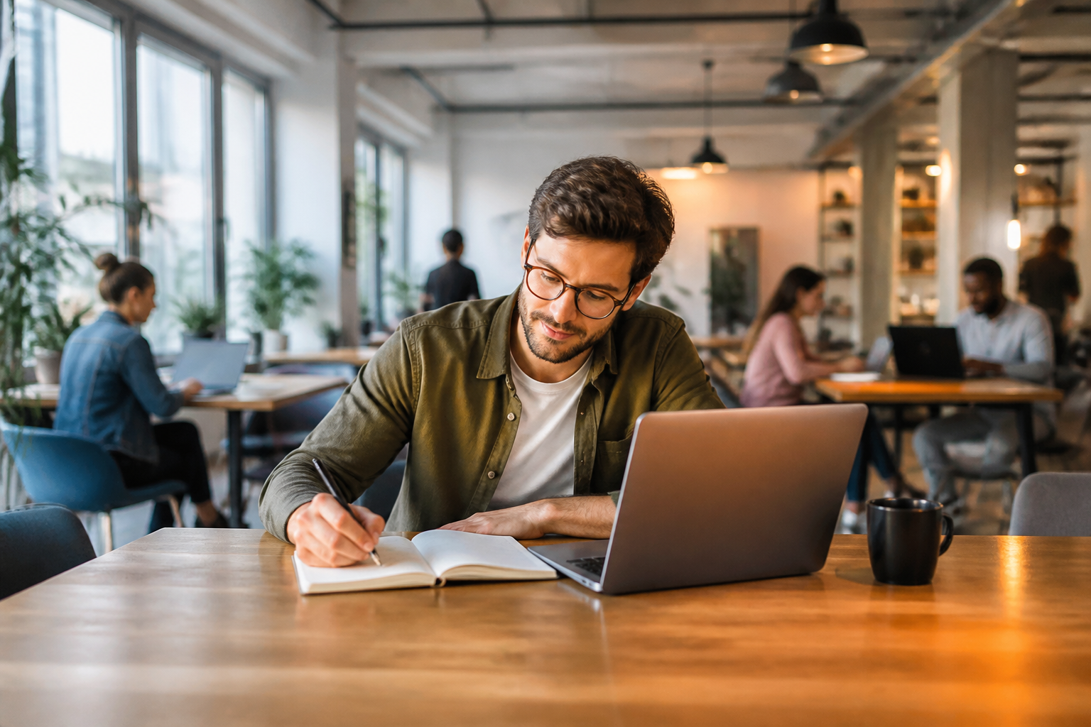 Indépendant préparant son dossier de formation avec son ordinateur dans un espace de coworking