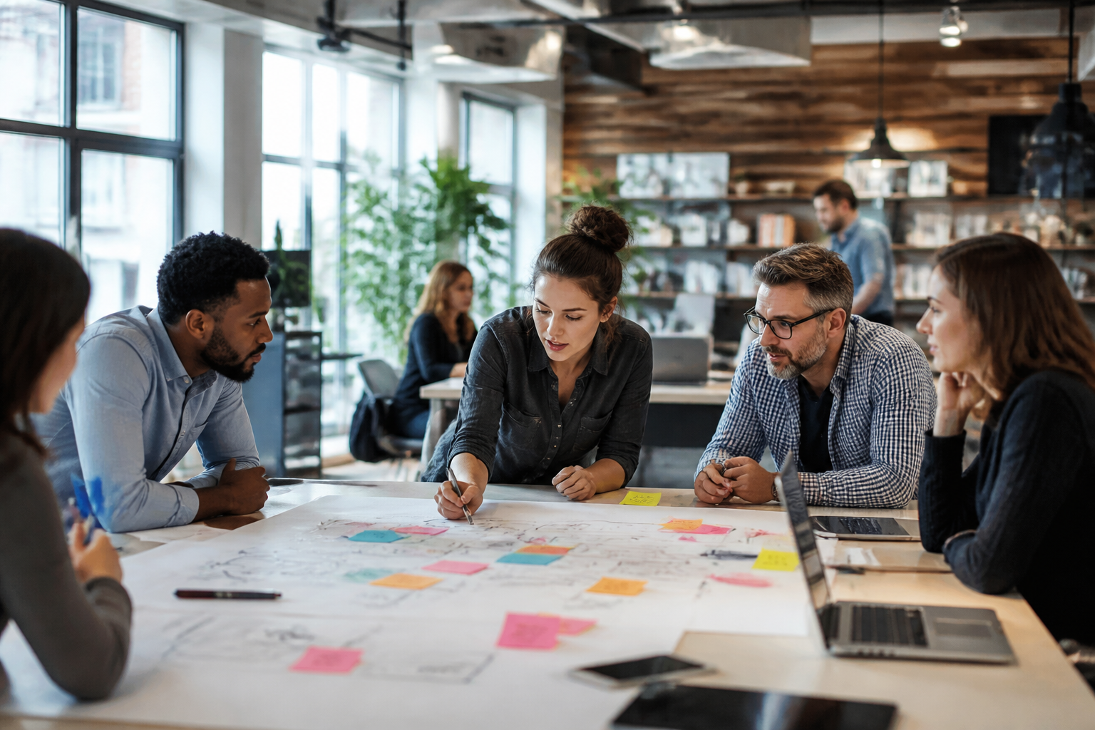 Atelier collaboratif de formation avec des professionnels réunis et matériaux de travail