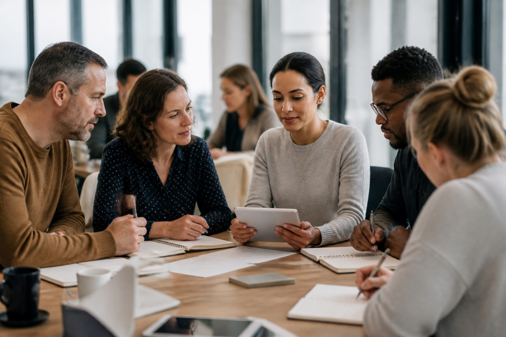 Groupe d'adultes en formation professionnelle en salle moderne avec tablettes et carnets