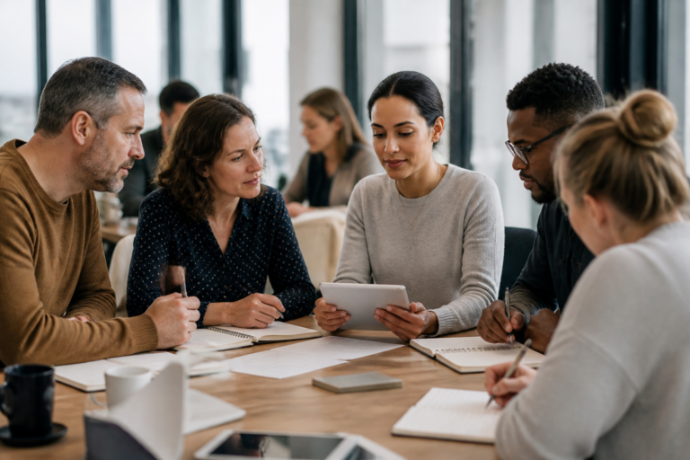 Groupe d'adultes en formation professionnelle en salle moderne avec tablettes et carnets
