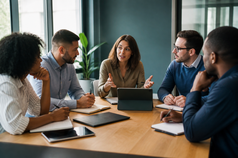 Réunion de professionnels discutant d’un projet de formation autour d’une table de bureau