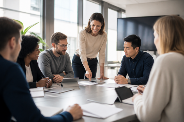 Professionnels en formation interactive dans un environnement de travail moderne