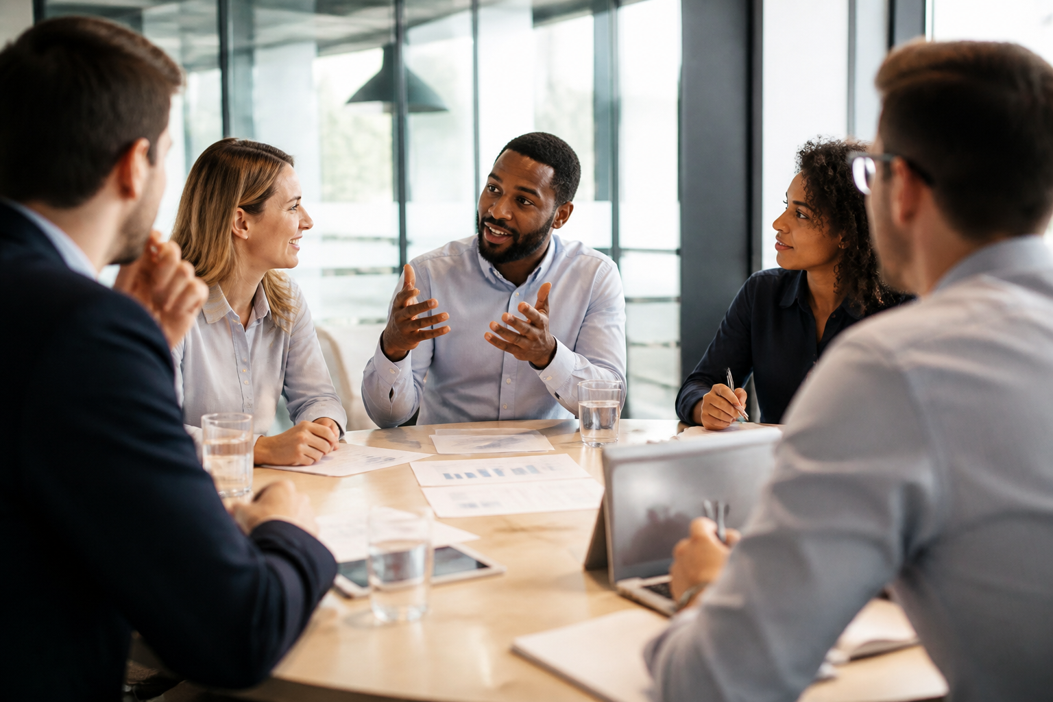 Personnes en formation professionnelle collaborative autour d'une table en environnement bureau