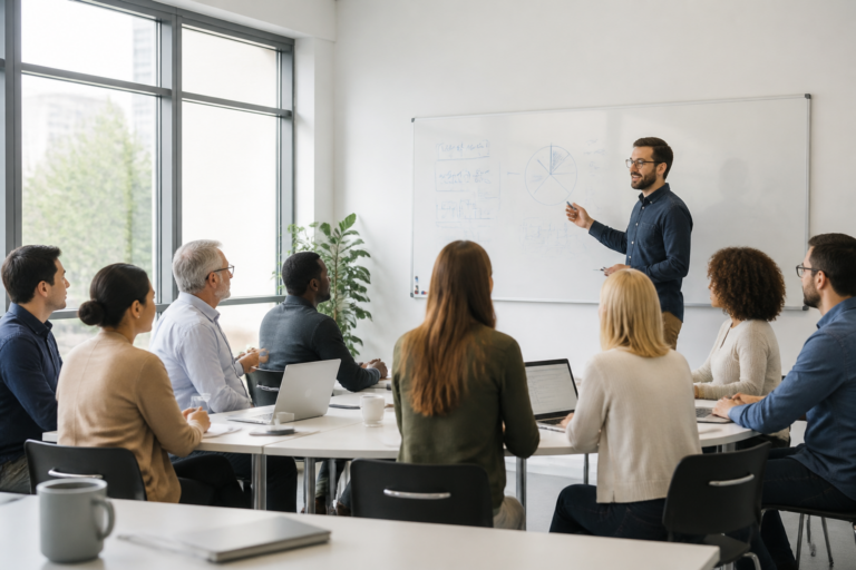 Session de formation professionnelle avec formateur et participants dans une salle moderne