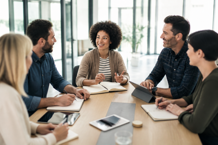 Réunion de travail avec participants en formation autour d'une table, carnet et tablette en avant-plan