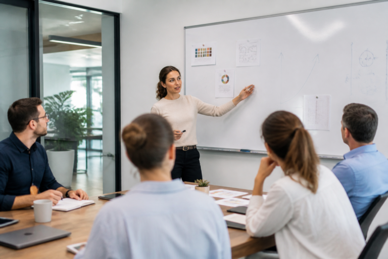 Session de formation professionnelle en entreprise avec formatrice et participants