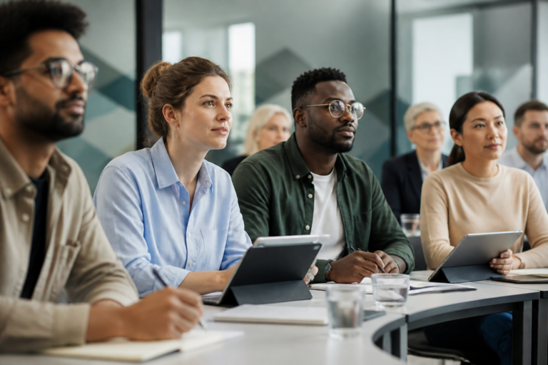 Session de formation professionnelle en contrôle de gestion avec un groupe d’adultes en réunion