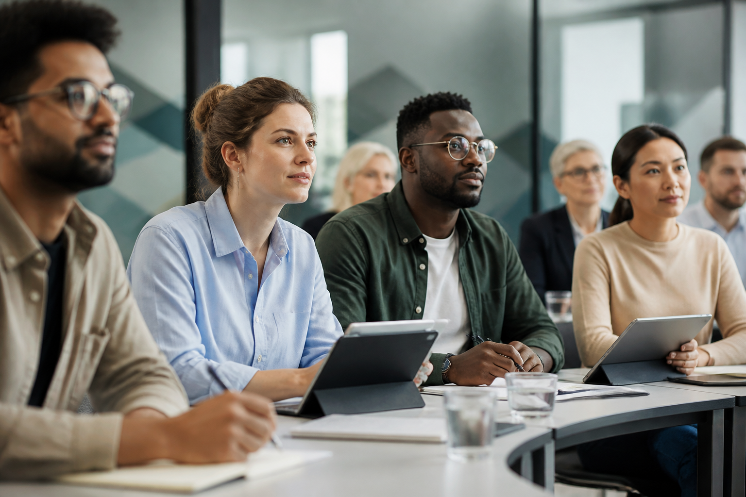 Session de formation professionnelle en contrôle de gestion avec un groupe d’adultes en réunion