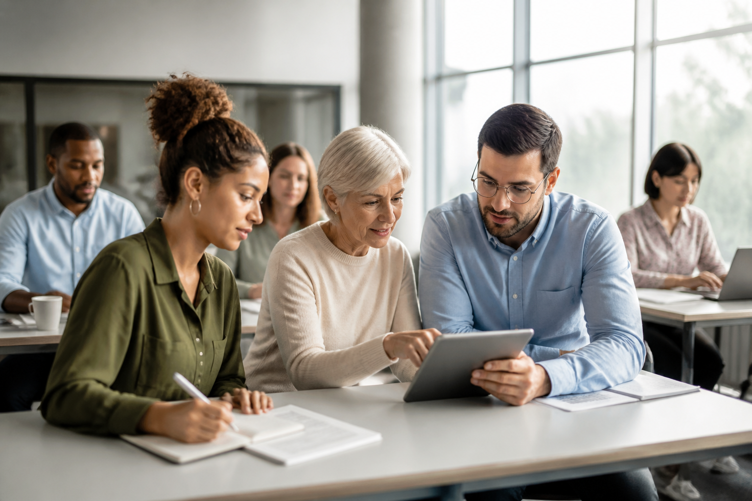 Groupe de salariés en formation professionnelle dans une salle moderne