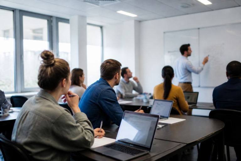Personnes en formation professionnelle en salle moderne