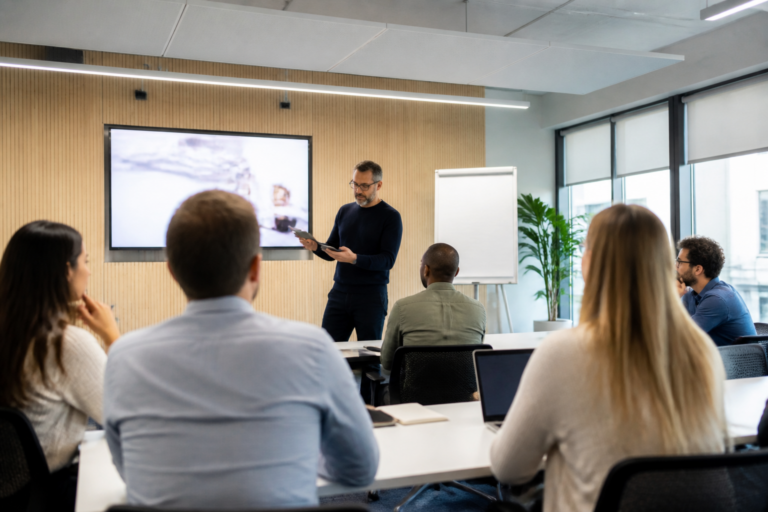 Personnes en formation professionnelle dans une salle avec un formateur utilisant une tablette