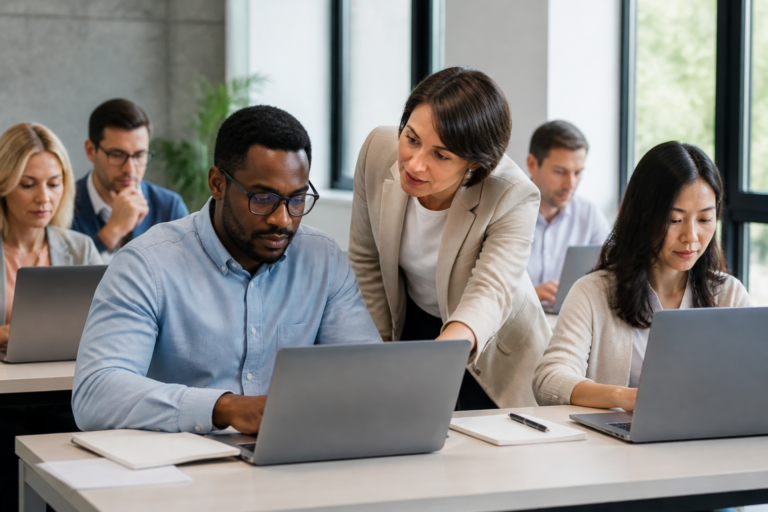 Personnes en formation informatique en salle moderne, avec ordinateurs portables