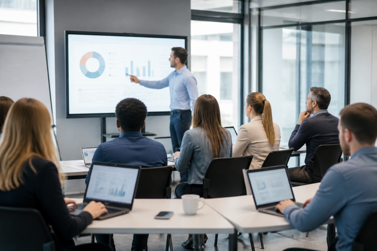 Participants en formation professionnelle dans une salle moderne avec supports numériques