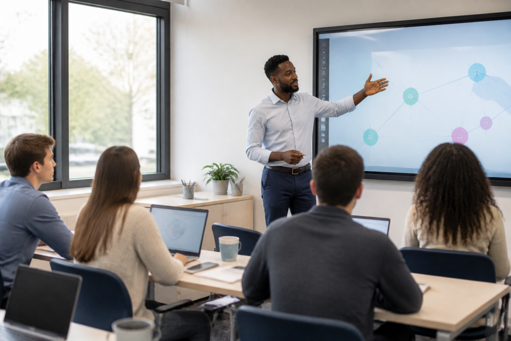 Salle de classe avec enseignant utilisant un tableau numérique entouré d'élèves attentifs