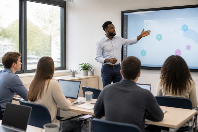 Salle de classe avec enseignant utilisant un tableau numérique entouré d'élèves attentifs