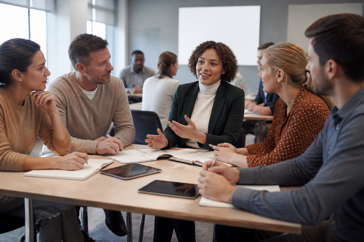 Groupe en formation professionnelle en salle moderne avec carnet et tablette