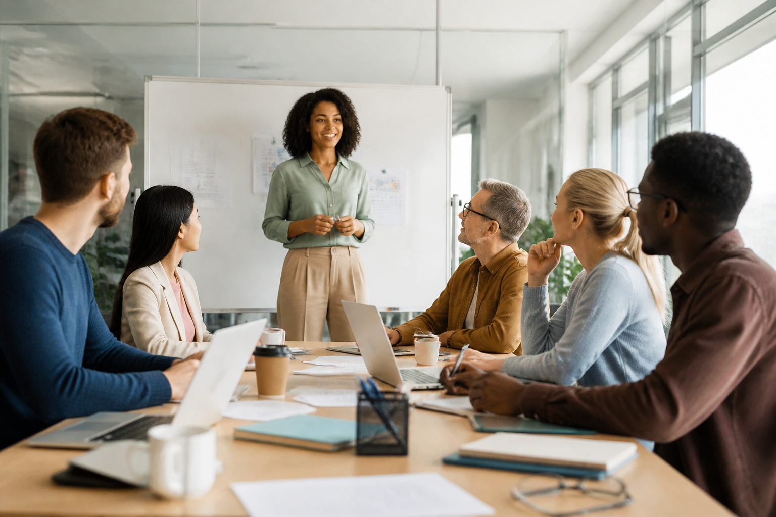 Groupe en formation professionnelle dans une salle de réunion moderne
