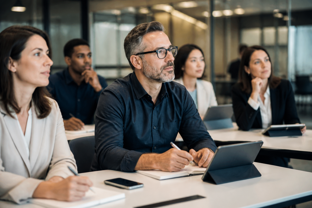 Groupe de professionnels en formation utilisant des tablettes et carnets dans une salle moderne