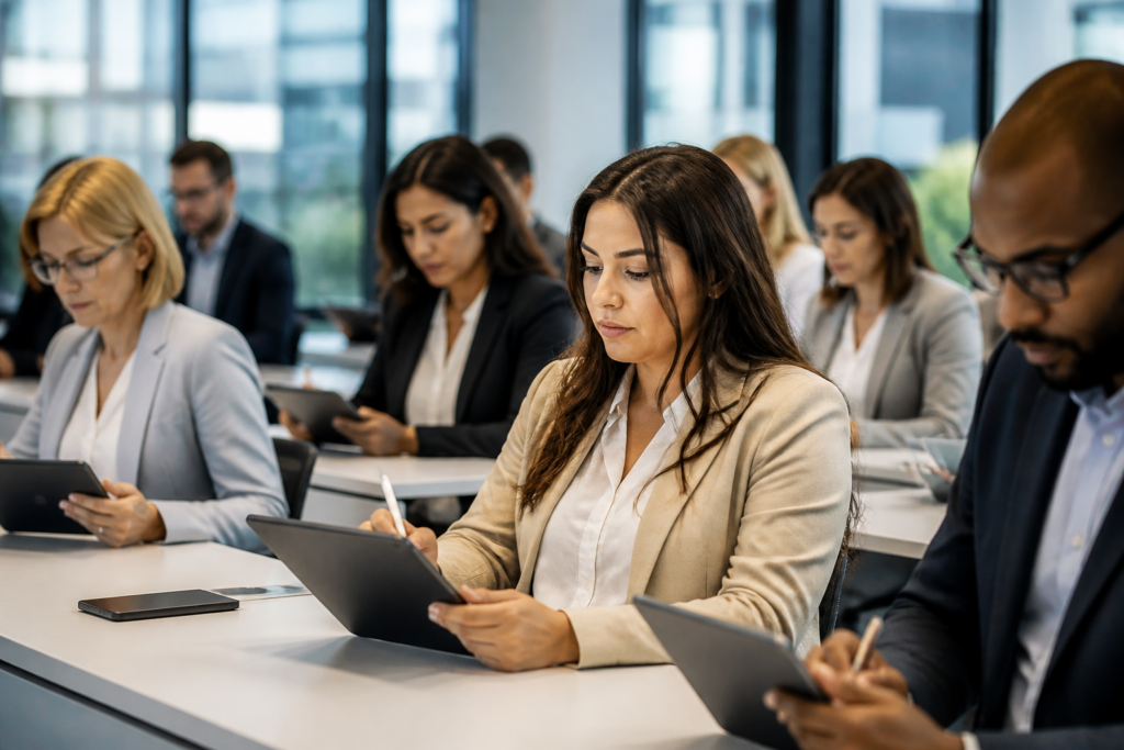 Professionnels en formation prenant des notes sur des tablettes dans une salle moderne