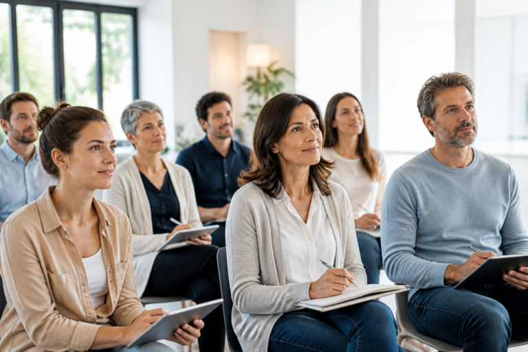 Session de formation en relaxologie avec des professionnels dans une salle moderne