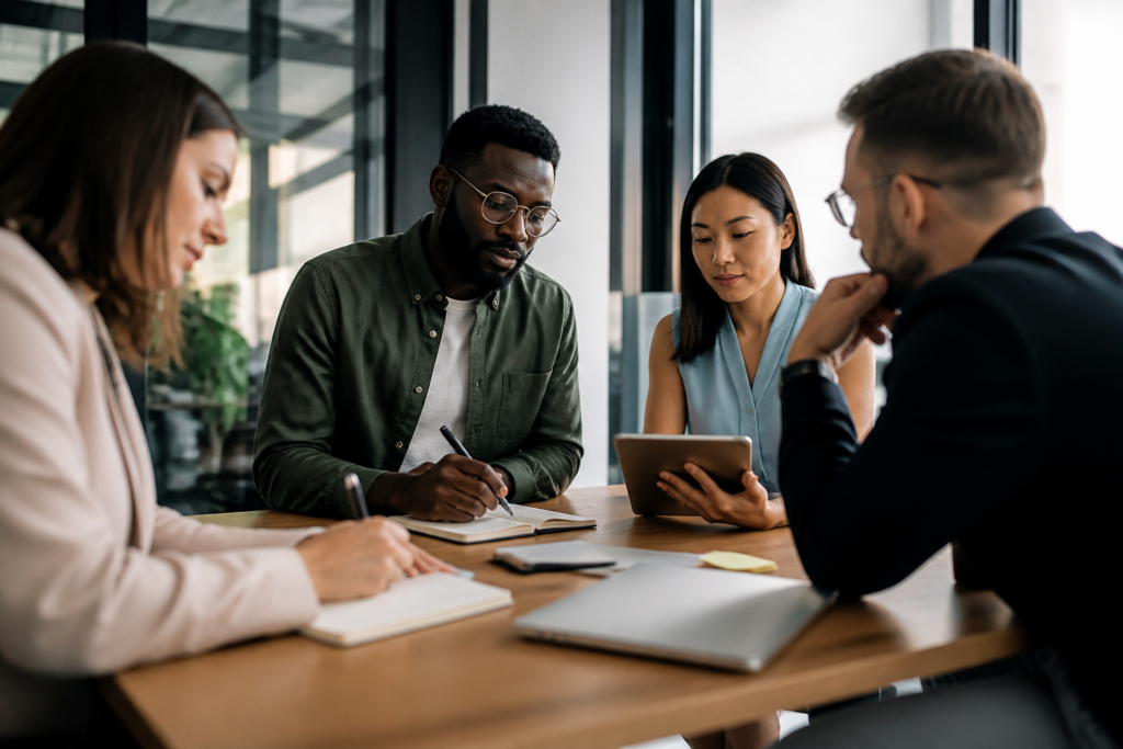 Professionnels en réunion de travail avec carnet et tablette