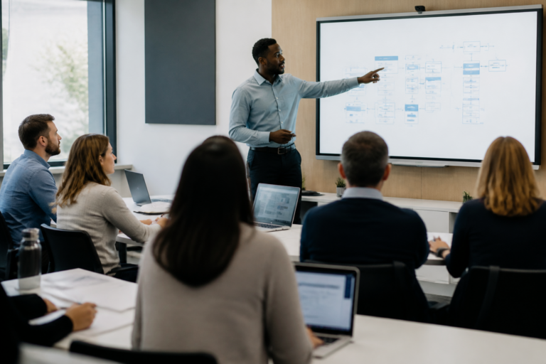 Professionnels en formation certifiante autour d’un formateur