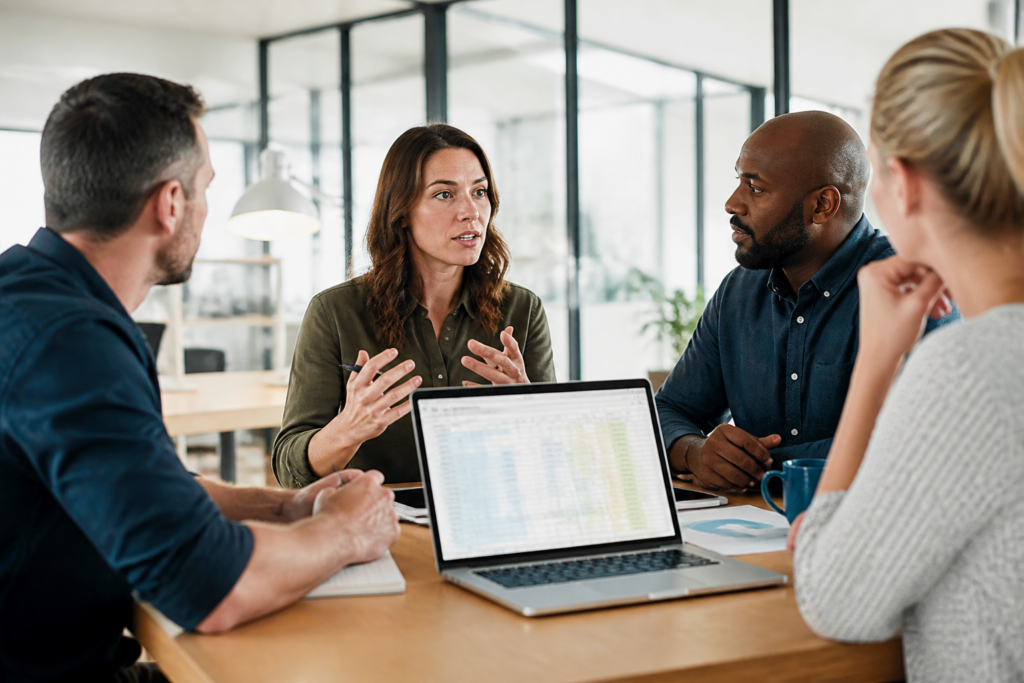 Réunion de travail avec tableau Excel sur plan de formation affiché sur ordinateur portable