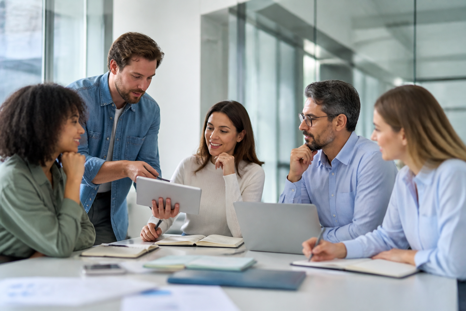 Des professionnels discutant de projets de formation autour d'une table avec des tablettes et carnets