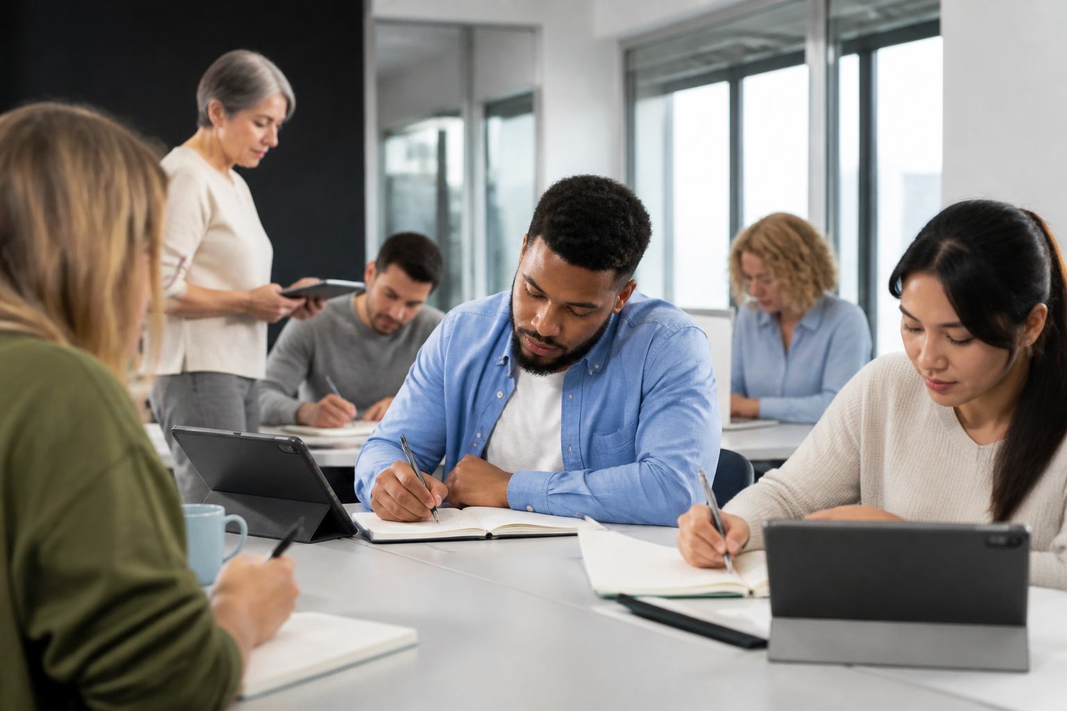 Participants en formation professionnelle en réunion autour d'une table avec tablettes