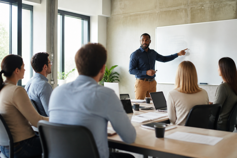 Professionnels en formation lors d'un atelier en présentiel