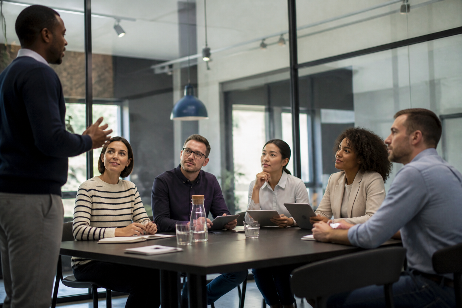 Session de formation professionnelle avec formateur et participants en environnement moderne