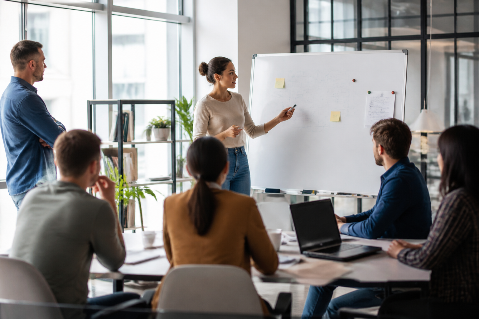 Groupe de professionnels en formation dans une salle avec tableau blanc