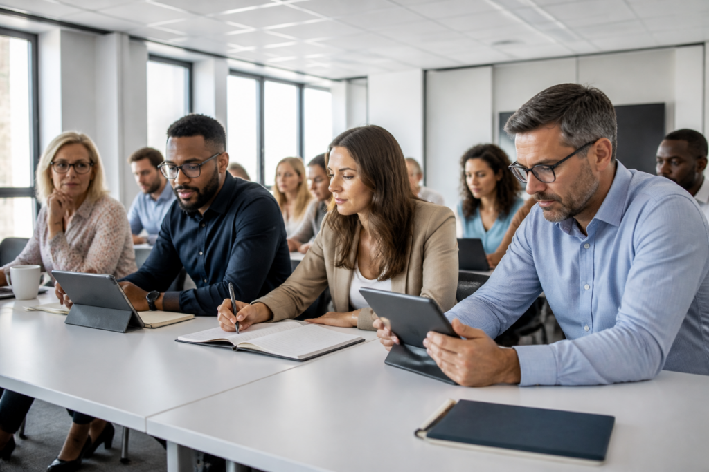 Professionnels en formation collaborative avec tablettes et carnets