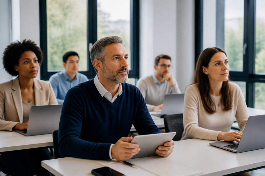 Groupe de professionnels en formation digitale en salle de réunion