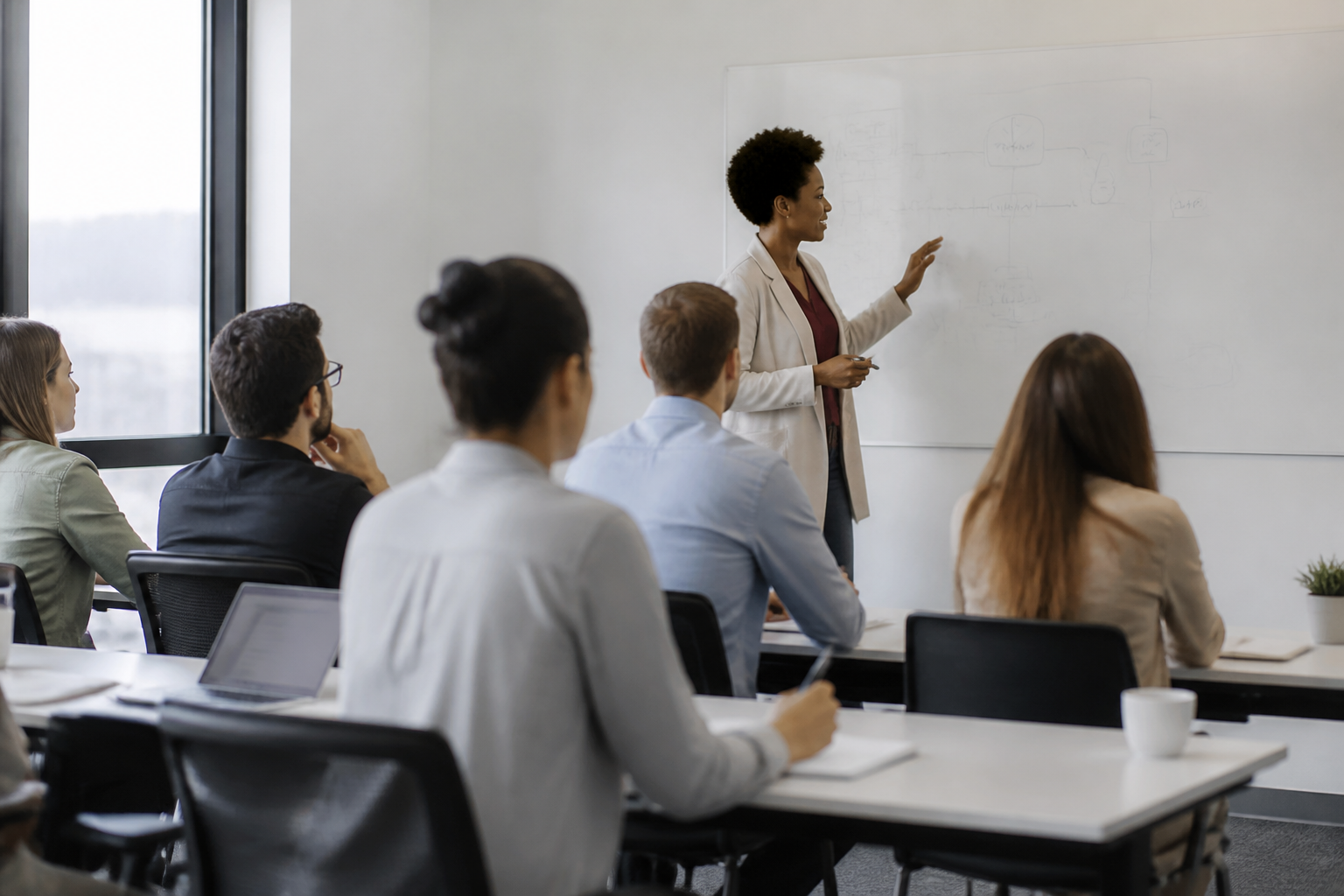 Professionnels en formation dans une salle moderne avec formatrice