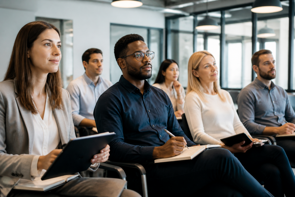 Personnes en formation professionnelle avec tablettes et carnets en salle moderne