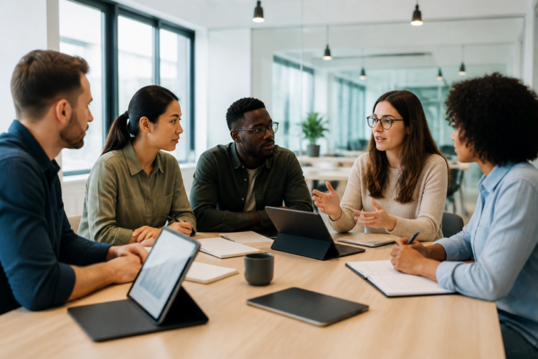 Personnes en formation professionnelle en réunion avec tablettes et carnets