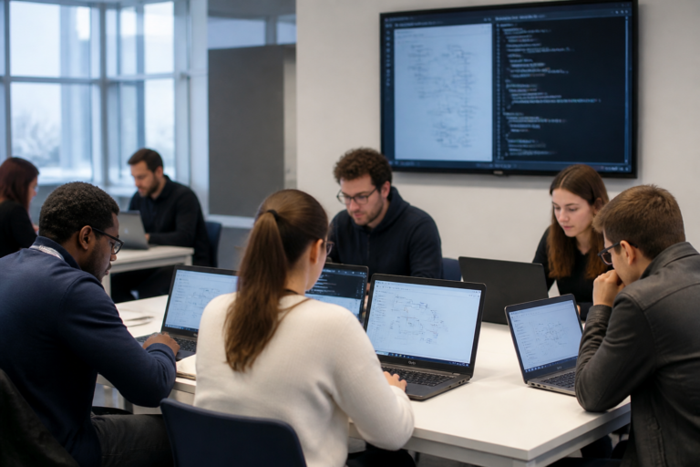 Session de formation professionnelle en intelligence artificielle avec participants concentrés sur leurs ordinateurs