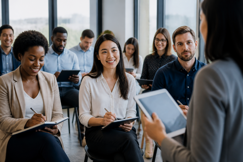 Professionnels en formation dans une salle de réunion moderne, échangeant avec carnets et tablettes