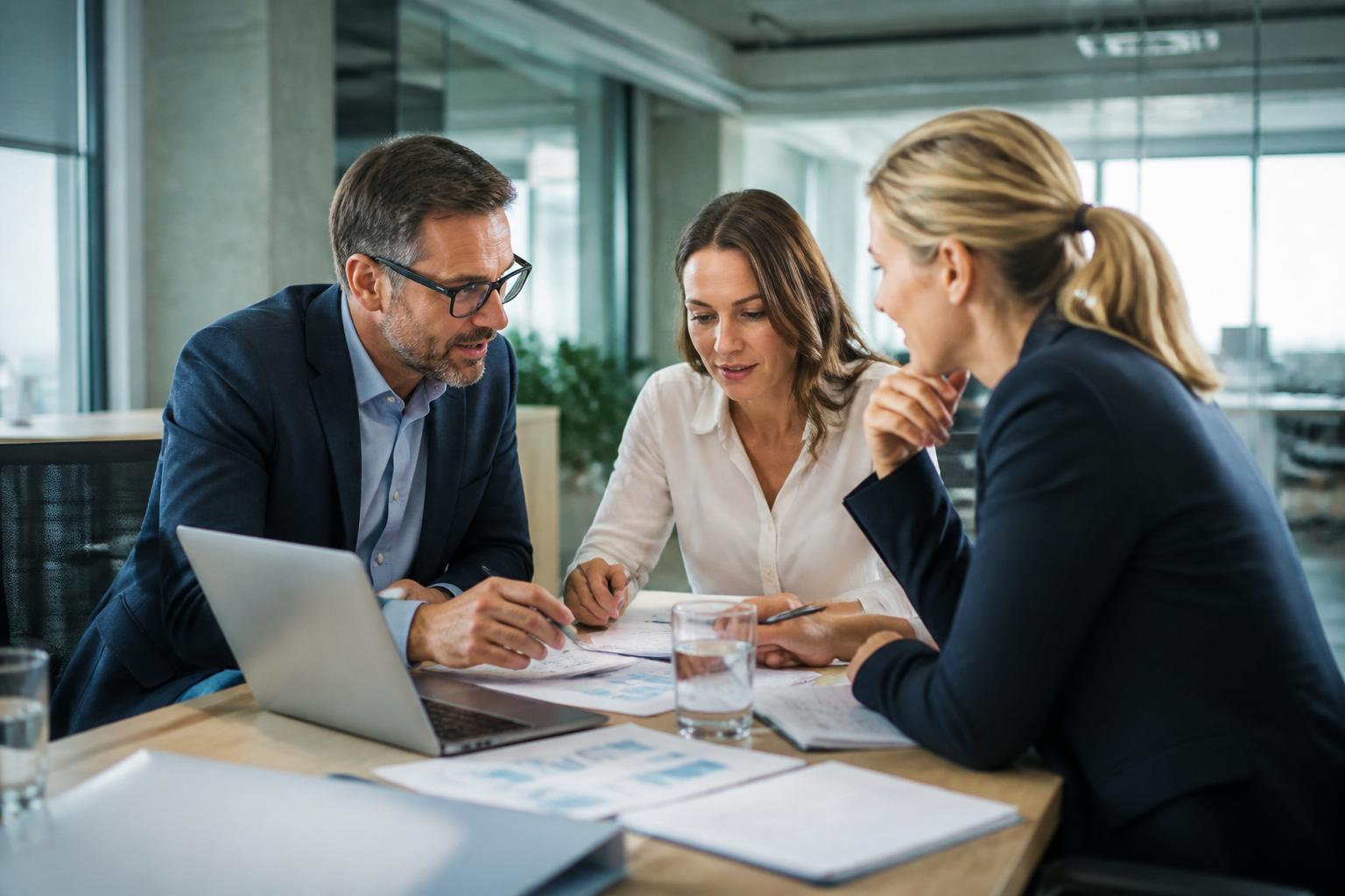Manager et responsables RH en réunion analysant documents et ordinateur dans un bureau moderne