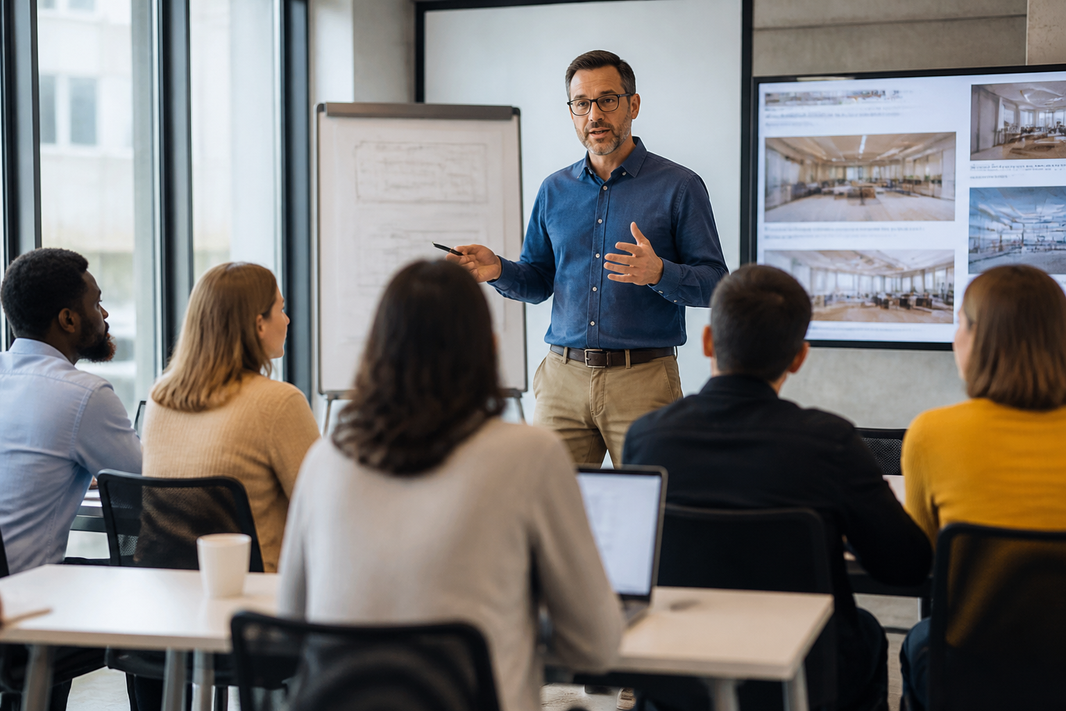 Atelier de formation professionnelle avec formateur et participants attentifs