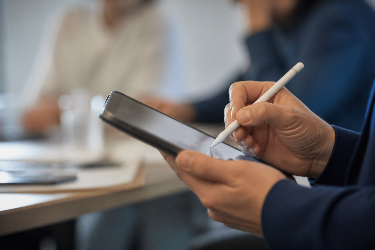 Mains prenant des notes sur une tablette lors d'un atelier de transformation digitale